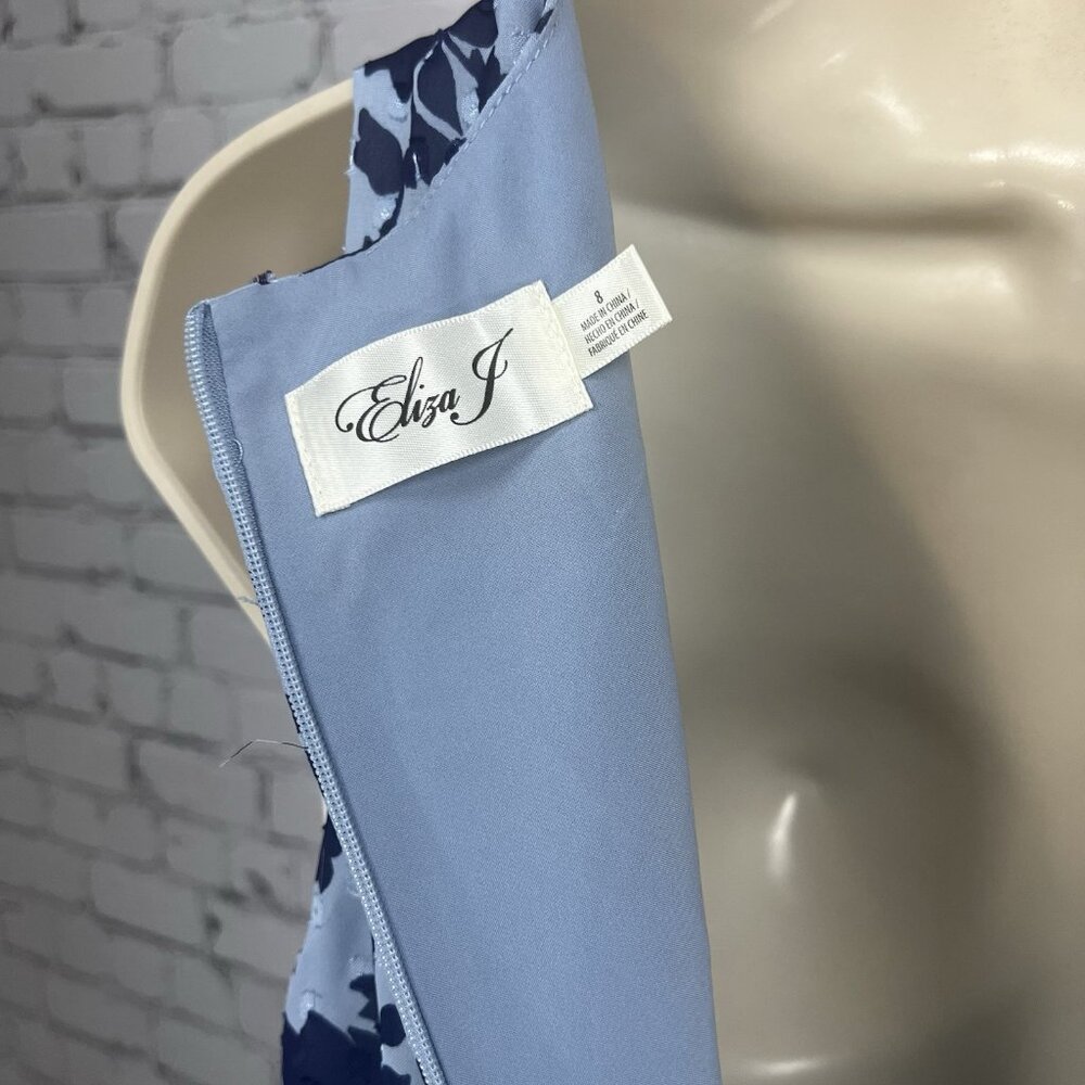 Eliza J Blue Macaw Bird Floral Sleeveless Textured Ruching Midi Trumpet Dress 8 - Picture 3 of 13